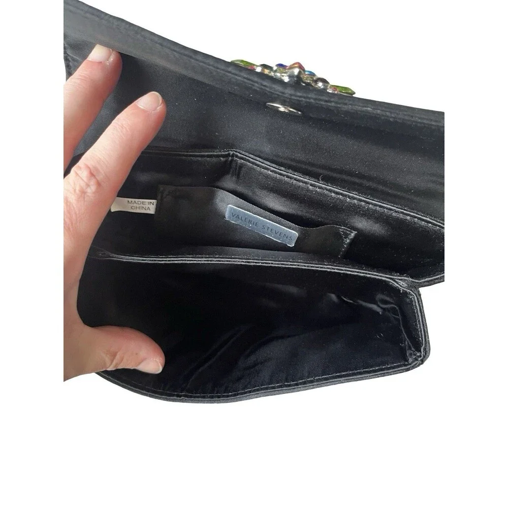 Valerie Stevens Black Satin Evening Bag Rhinestone Floral Clutch Crossbody Purse